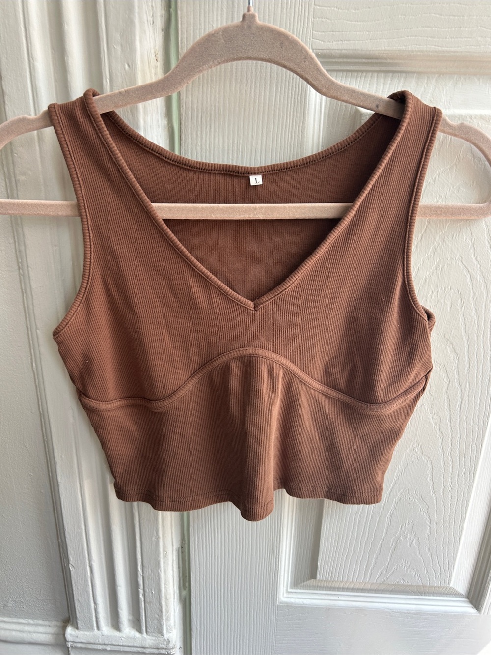 Brown Ribbed V‑Neck Cropped Tank